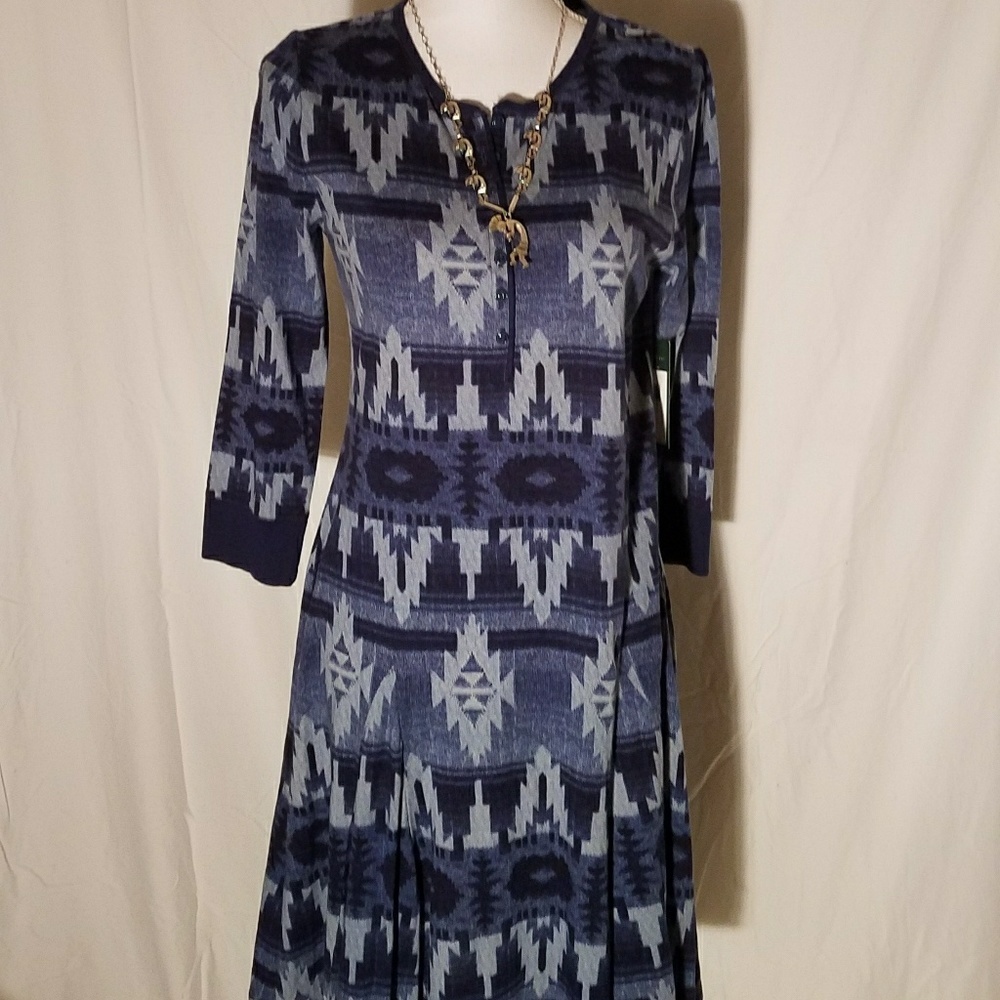 Lauren Jeans CO Ralph Lauren Blue Aztec Flounce Dress Size M NWT Fall 15